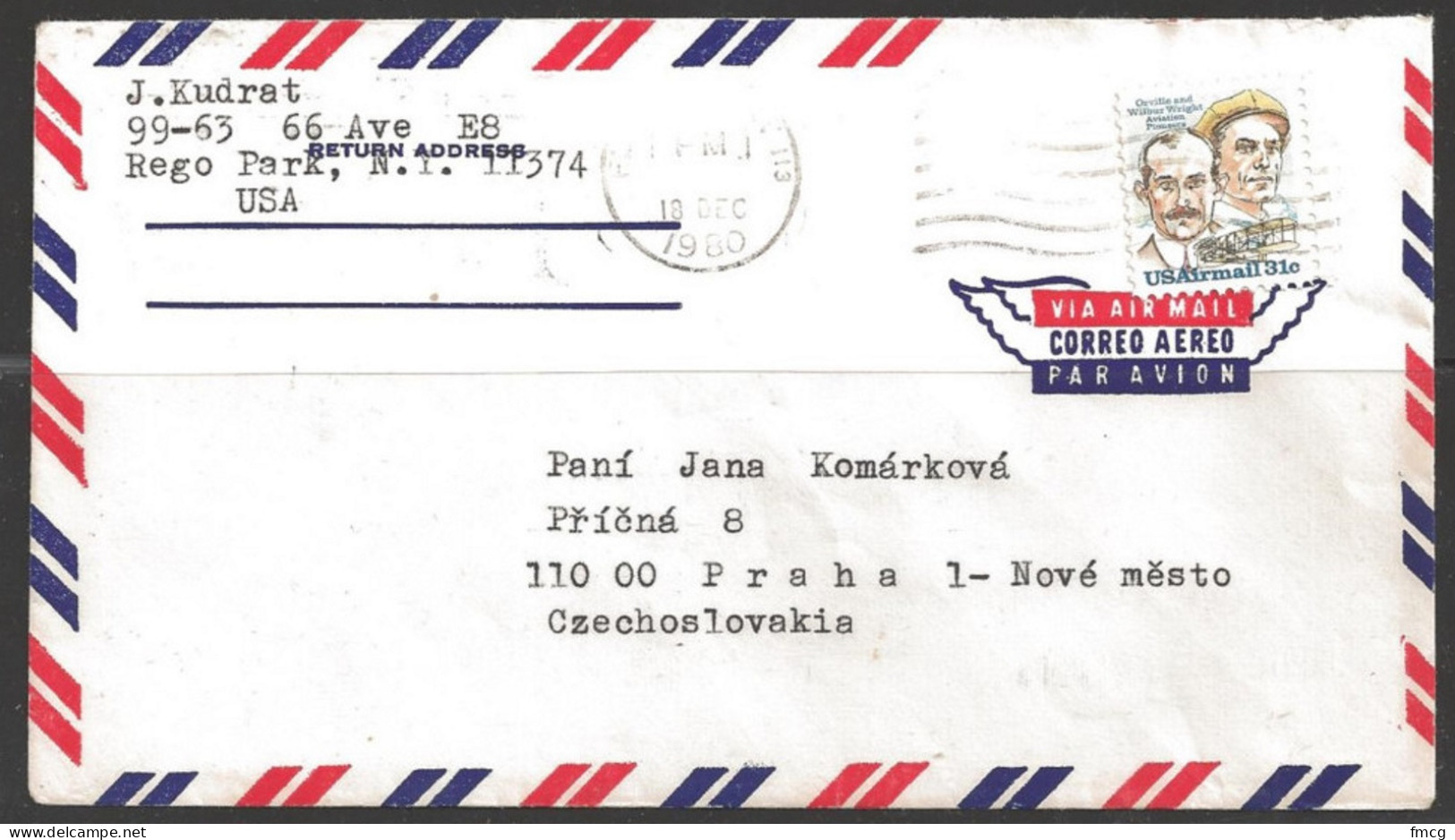 1980 31 Cents Wright Brothers To Czechoslovakia (Dec 18) - Brieven En Documenten