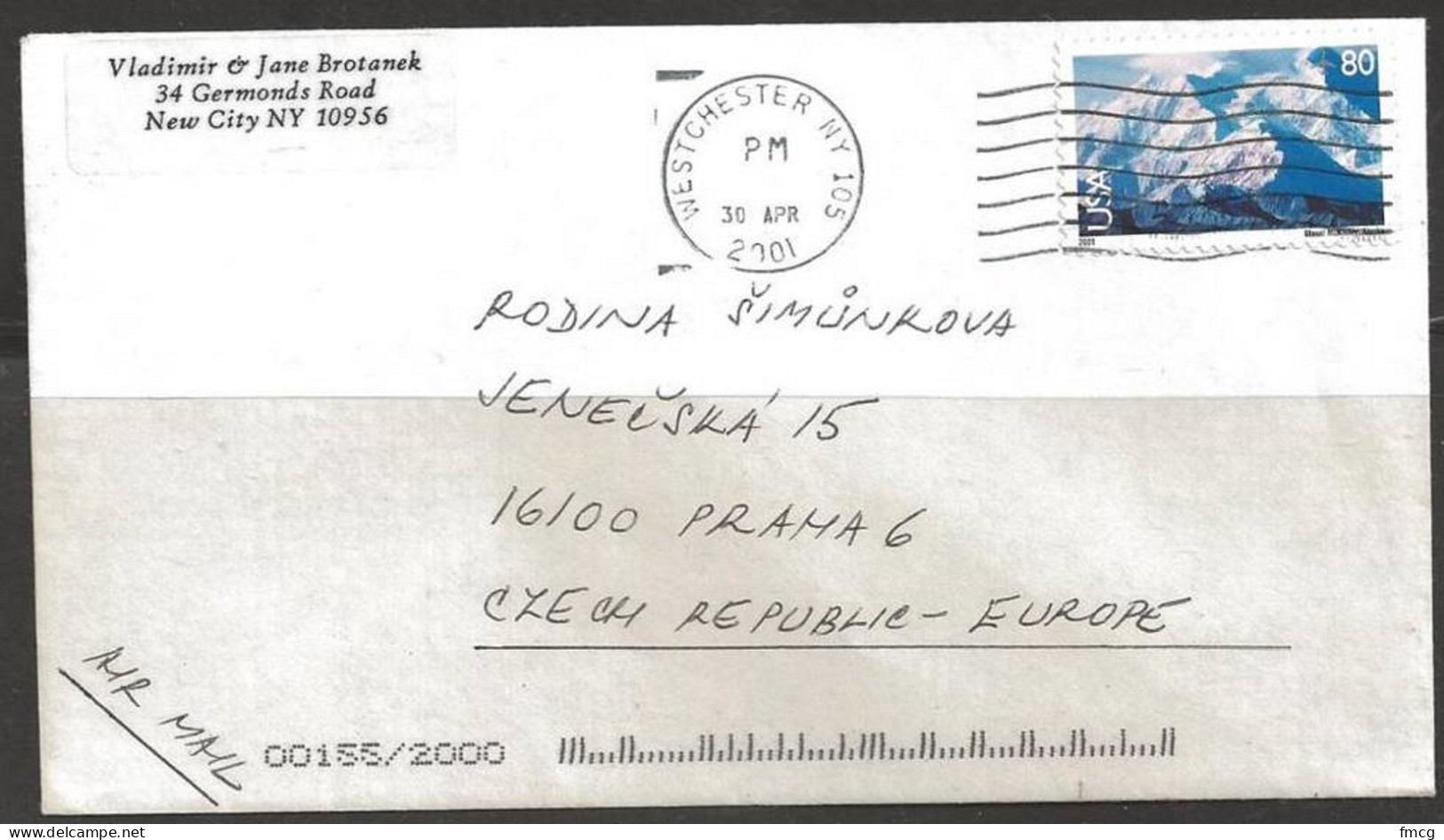 2001 (30 Apr) 80 Cents Mt. McKinley, Westchester NY To Czech Republic - Cartas & Documentos