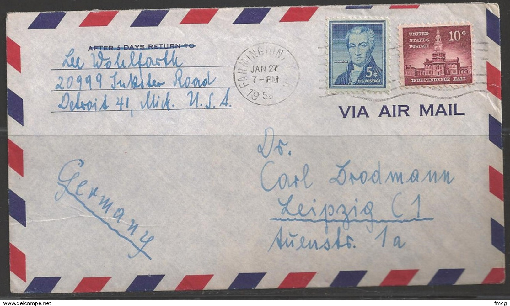 1958 10 Cents Independence Hall & 5 Cents Monroe, Farmington MI To Germany - Cartas & Documentos