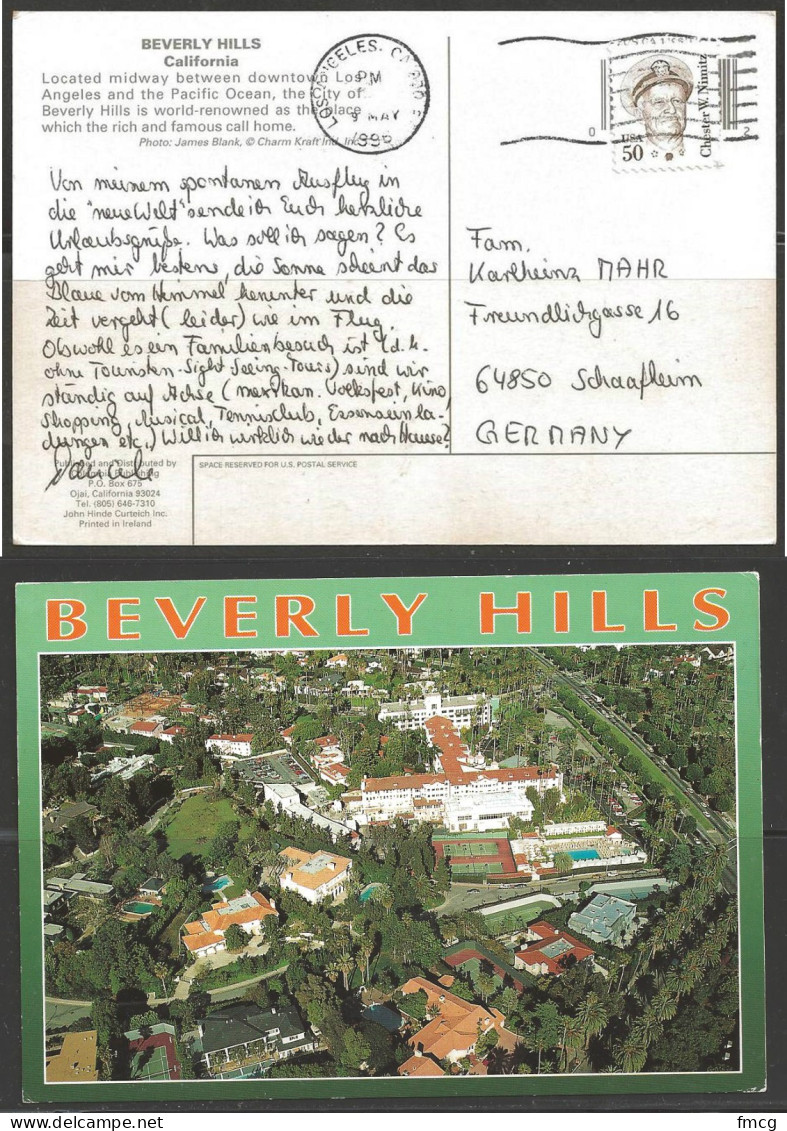 1996 (9 May) 50 Cents Nimitz On Postcard, Los Angeles To Germany - Cartas & Documentos