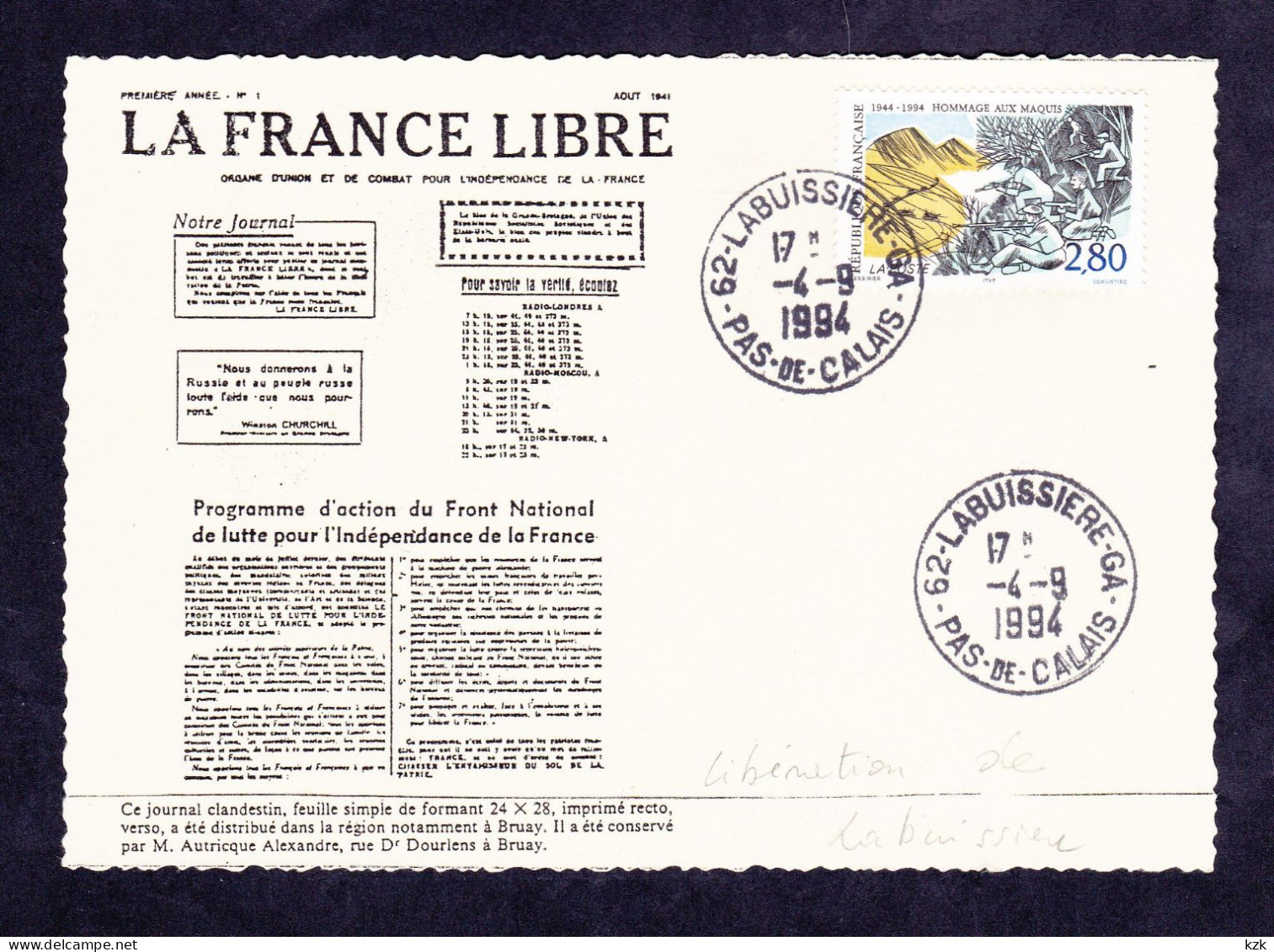 2 08	22	-	50ème Anniversaire Du Débarquement - Labuissière 4/09/1994 - Guerre Mondiale (Seconde)