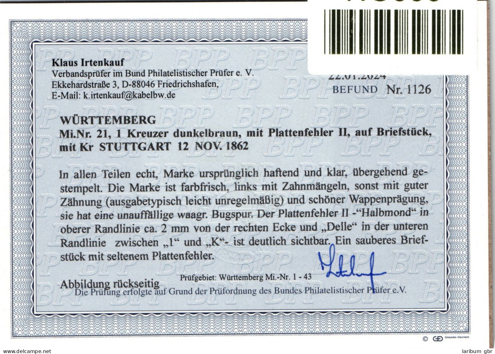 Württemberg 21 II Gestempelt Seltener PF II, Befund Irtenkauf BPP #NG600 - Gebraucht