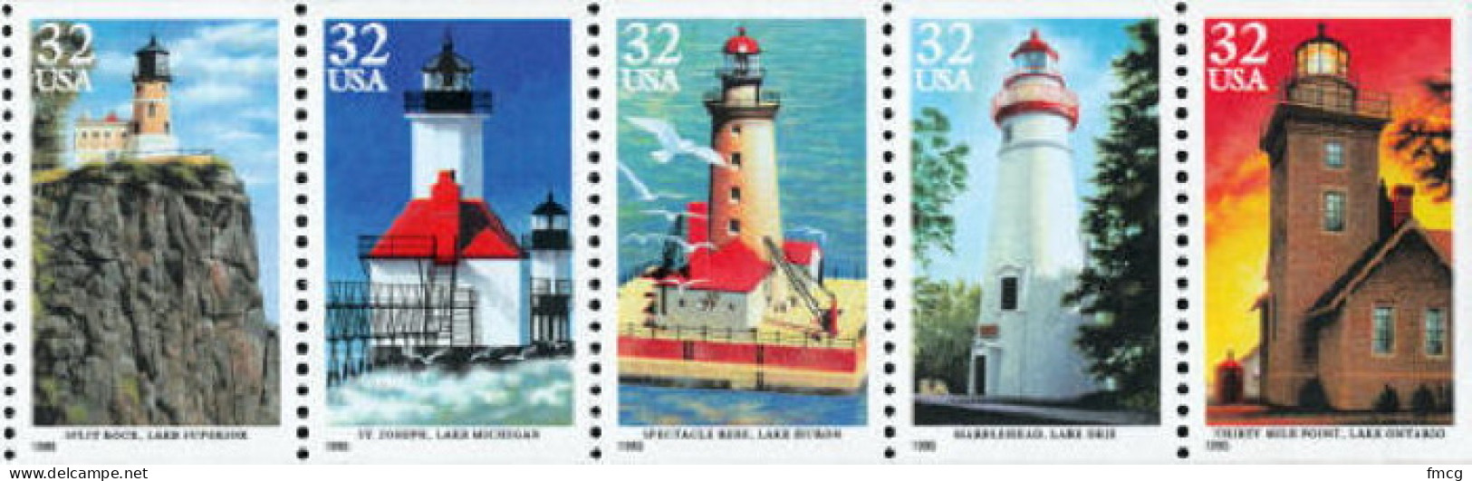 1995 32 Cents Lighthouses, Booklet Pane Of 5, MNH - Neufs