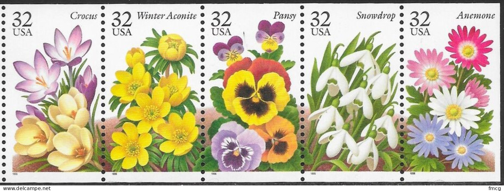 1996 32 Cents Winter Garden Flowers, Booklet Pane Of 5, MNH - Unused Stamps