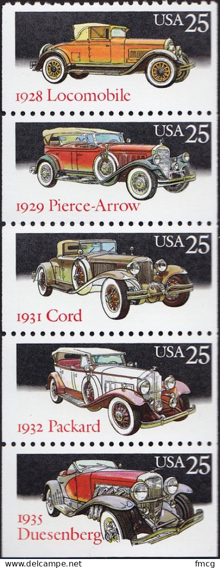 1988 25 Cents Classic Cars, Booklet Pane Of 5, MNH - Neufs