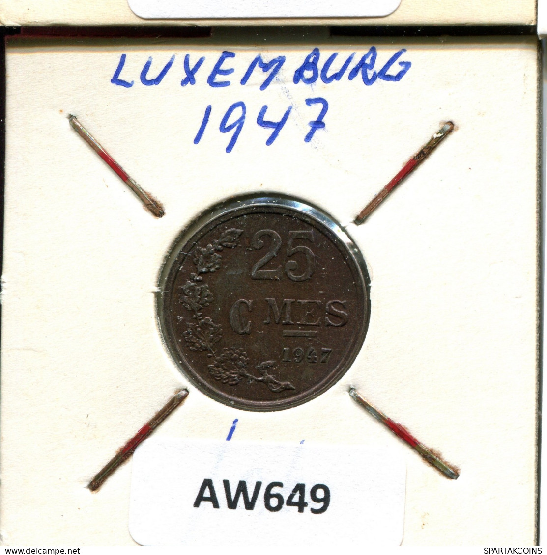 25 CENTIMES 1947 LUXEMBURGO LUXEMBOURG Moneda #AW649.E.A - Luxemburgo