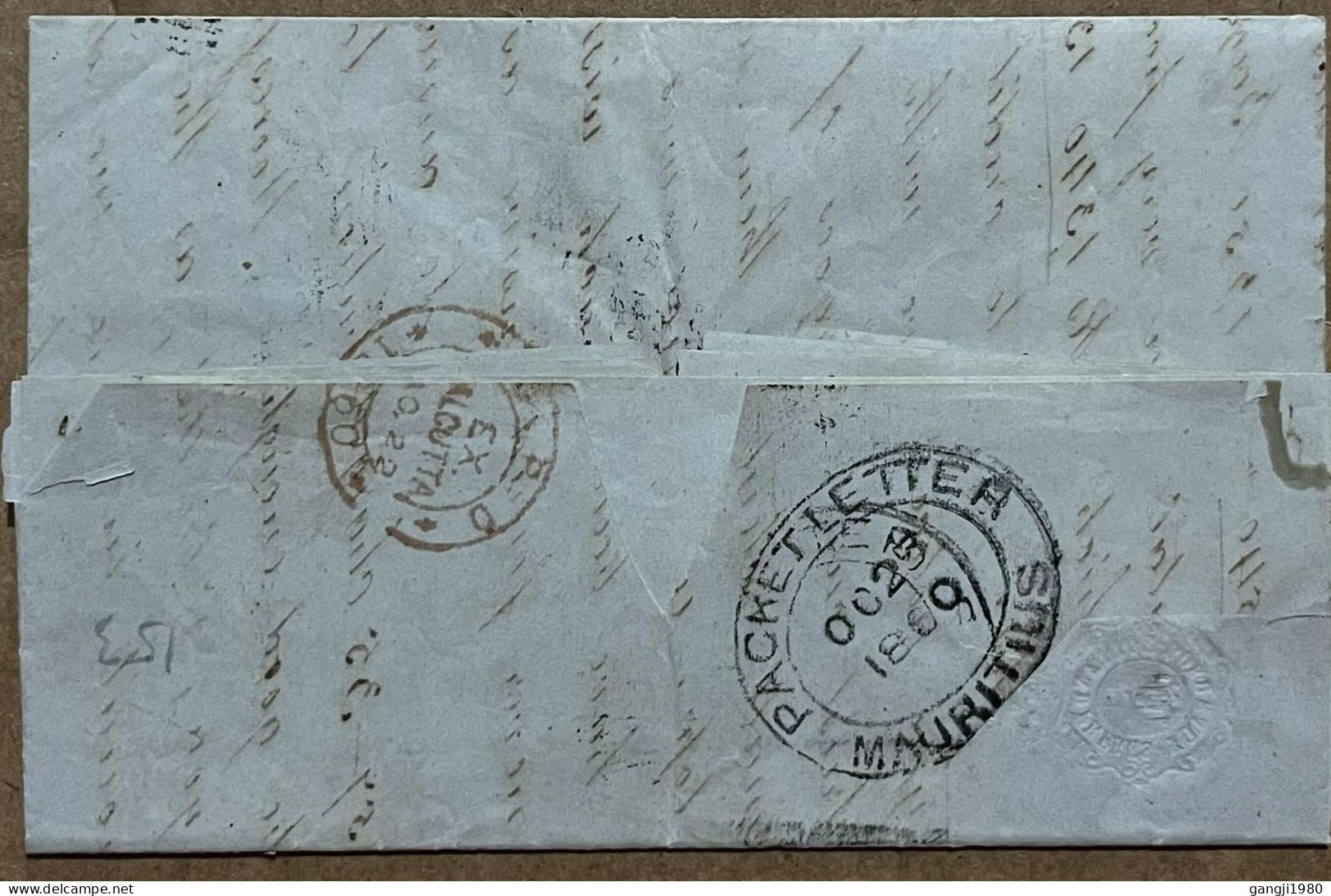INDIA TO MAURITIUS 1860, INDIA PAID IN BOX, PACKET LETTER MAURITIUS & CALCUTTA RED CANCEL, STEAMER BENGAL VIA ADEN HAND - 1858-79 Crown Colony
