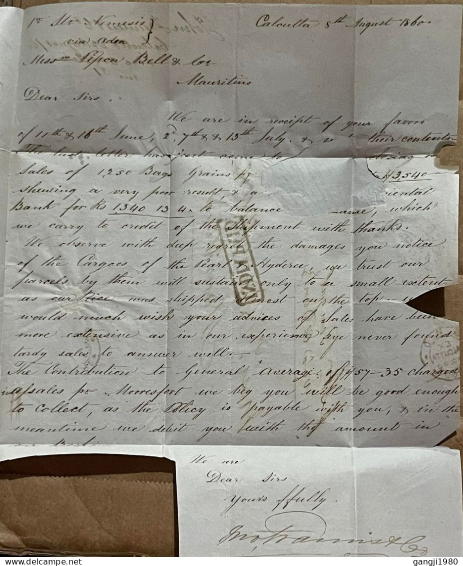 INDIA TO MAURITIUS 1860, INDIA PAID IN BOX, PACKET LETTER MAURITIUS & CALCUTTA RED CANCEL, STEAMER BENGAL VIA ADEN HAND - 1858-79 Kolonie Van De Kroon