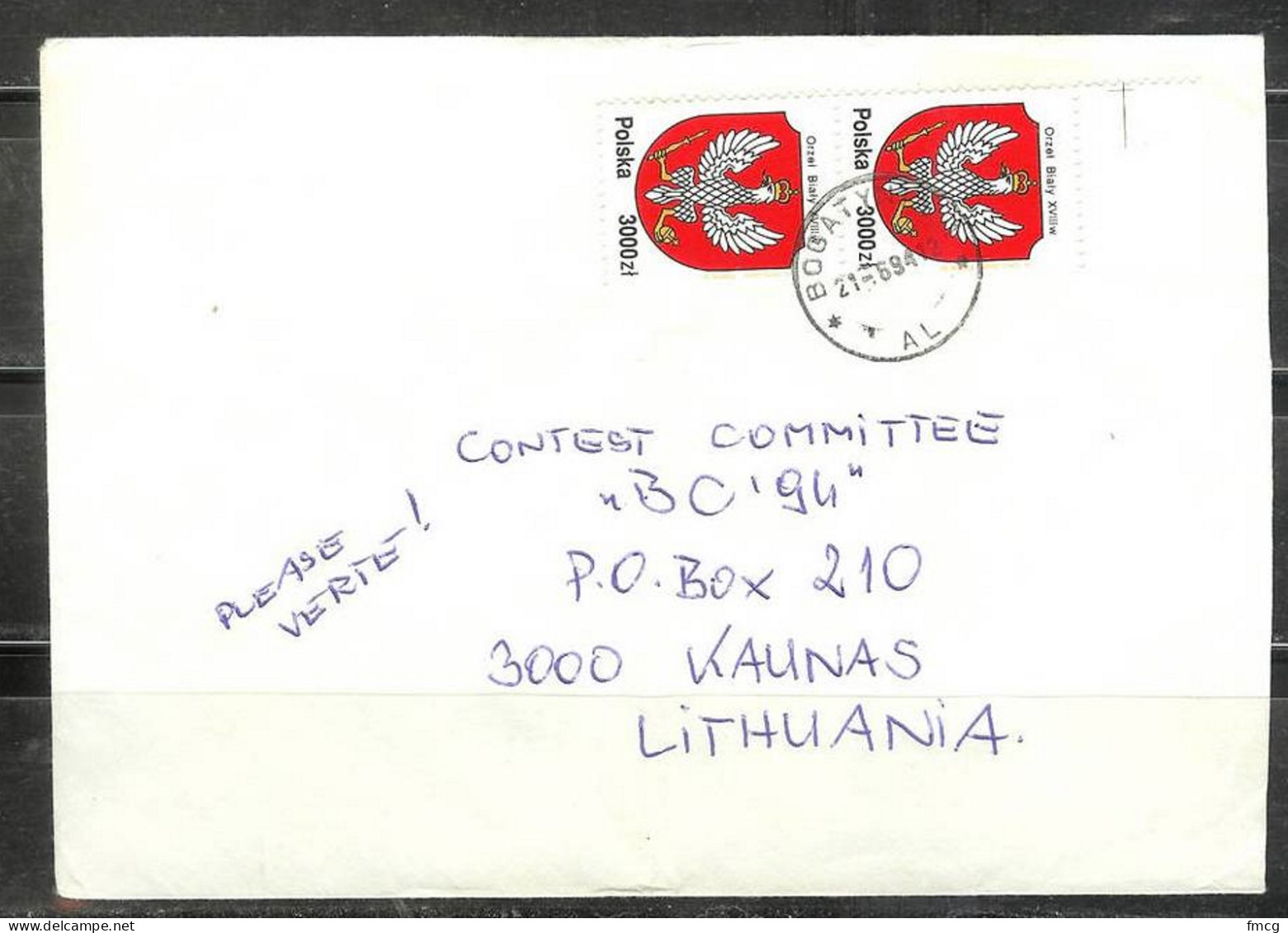 1992 Two 3000zt Coat Of Arms Stamps To Lithuania - Brieven En Documenten
