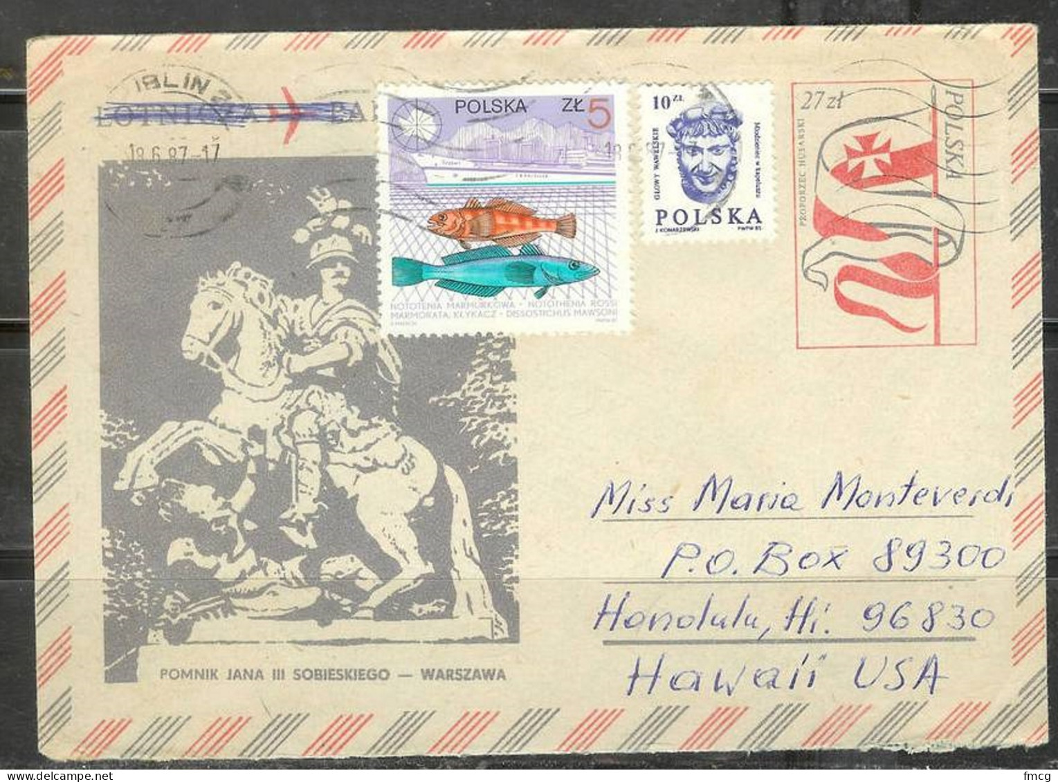 1987 Antarctic Ship & Fish, Postal Envelope To Hawaii - Brieven En Documenten