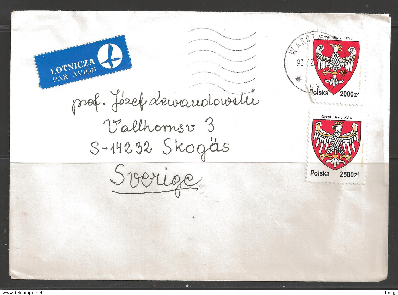 1993 Two 2,000Zt Arms Warszawa (93.11.02) To Skogas Sweden - Covers & Documents