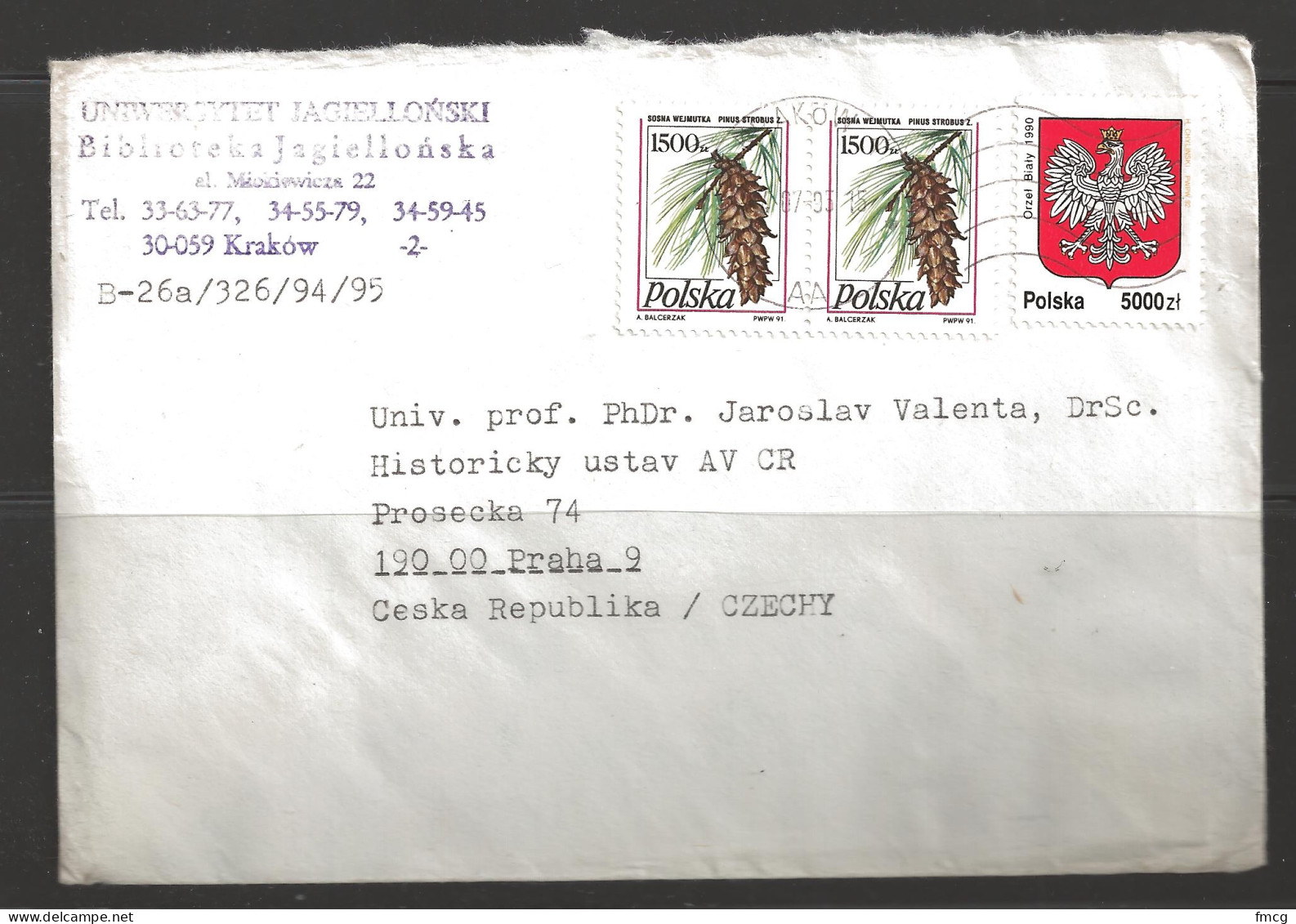 1995  Two Pine Cone & Zodiak Stamps, Krakow To Czech Rep - Brieven En Documenten