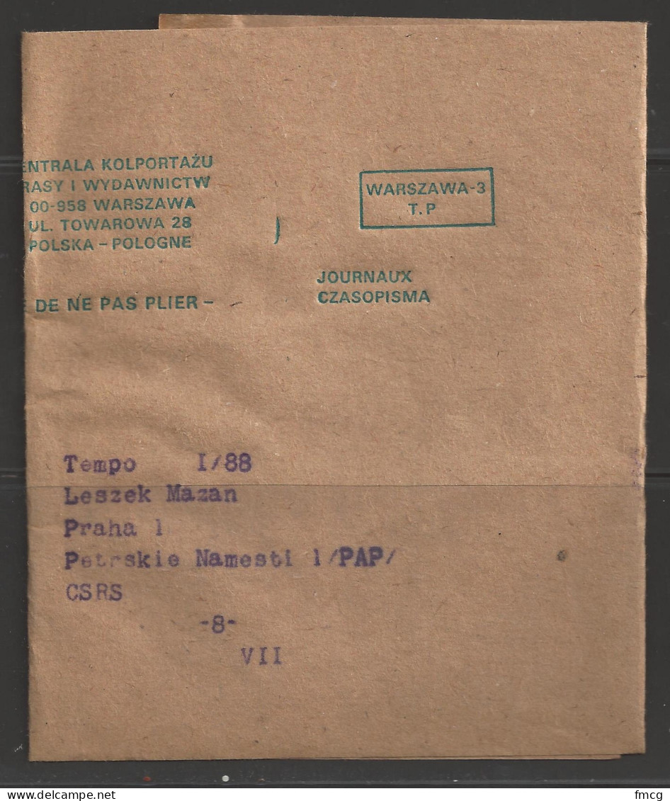 1988 (in Label) Newspaper Wrapper, Warsawa To Czechoslovakia - Cartas & Documentos