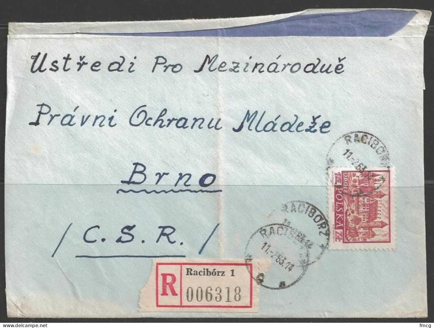 1963 1.55 Zt Registered, Raciborz (11-2-63) To Brno Czechoslovakia - Covers & Documents