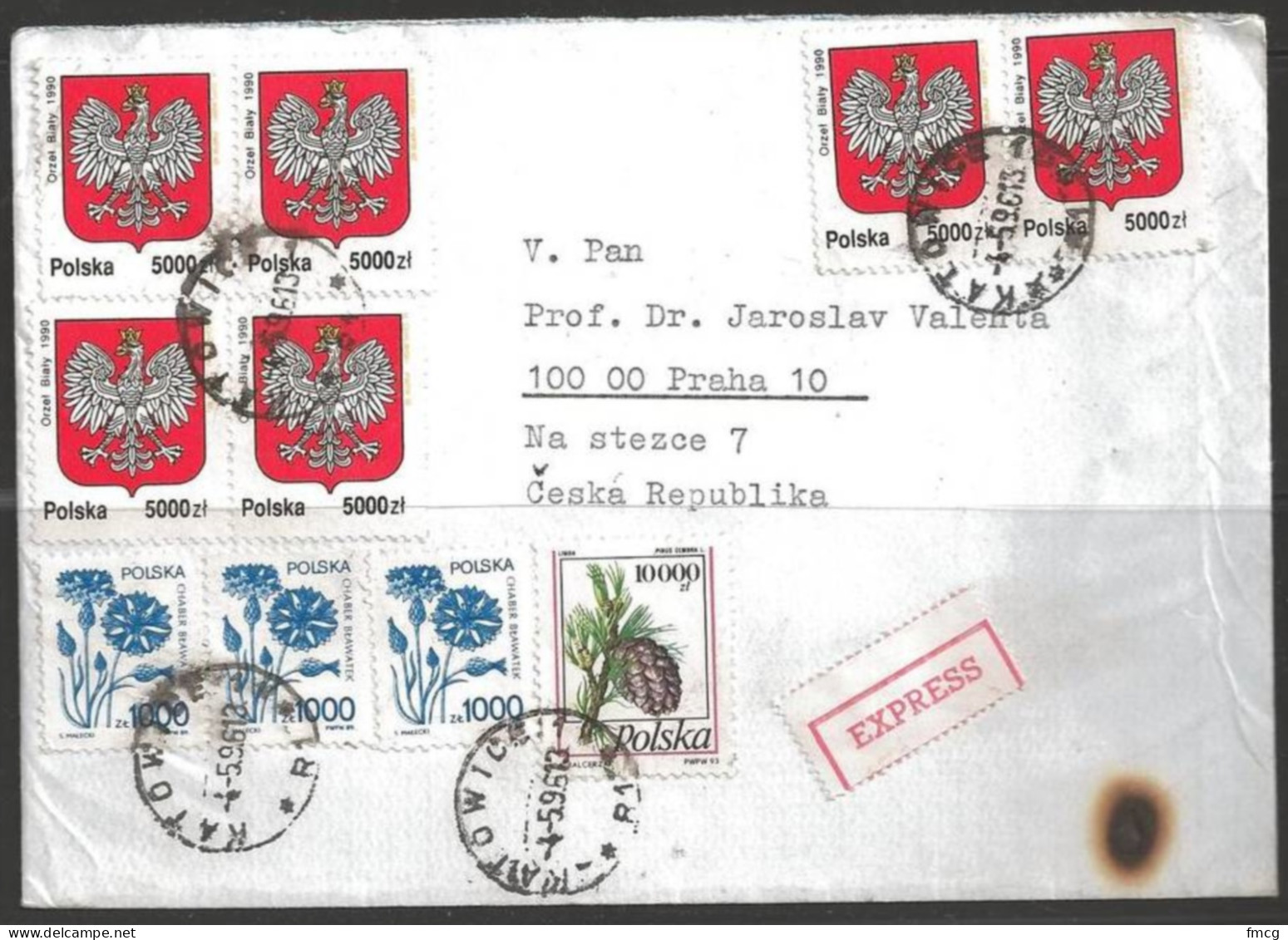 1996 Katowice (040596) Express Sticker To Praha Czech Republic - Brieven En Documenten
