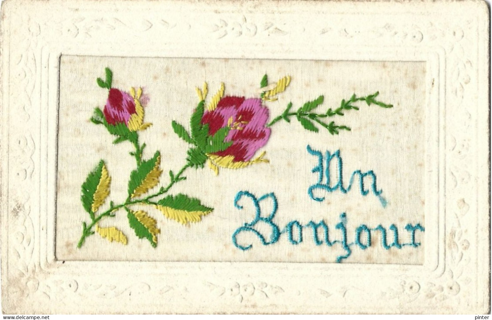 CARTE BRODEE - Un Bonjour - Fleurs - Embroidered