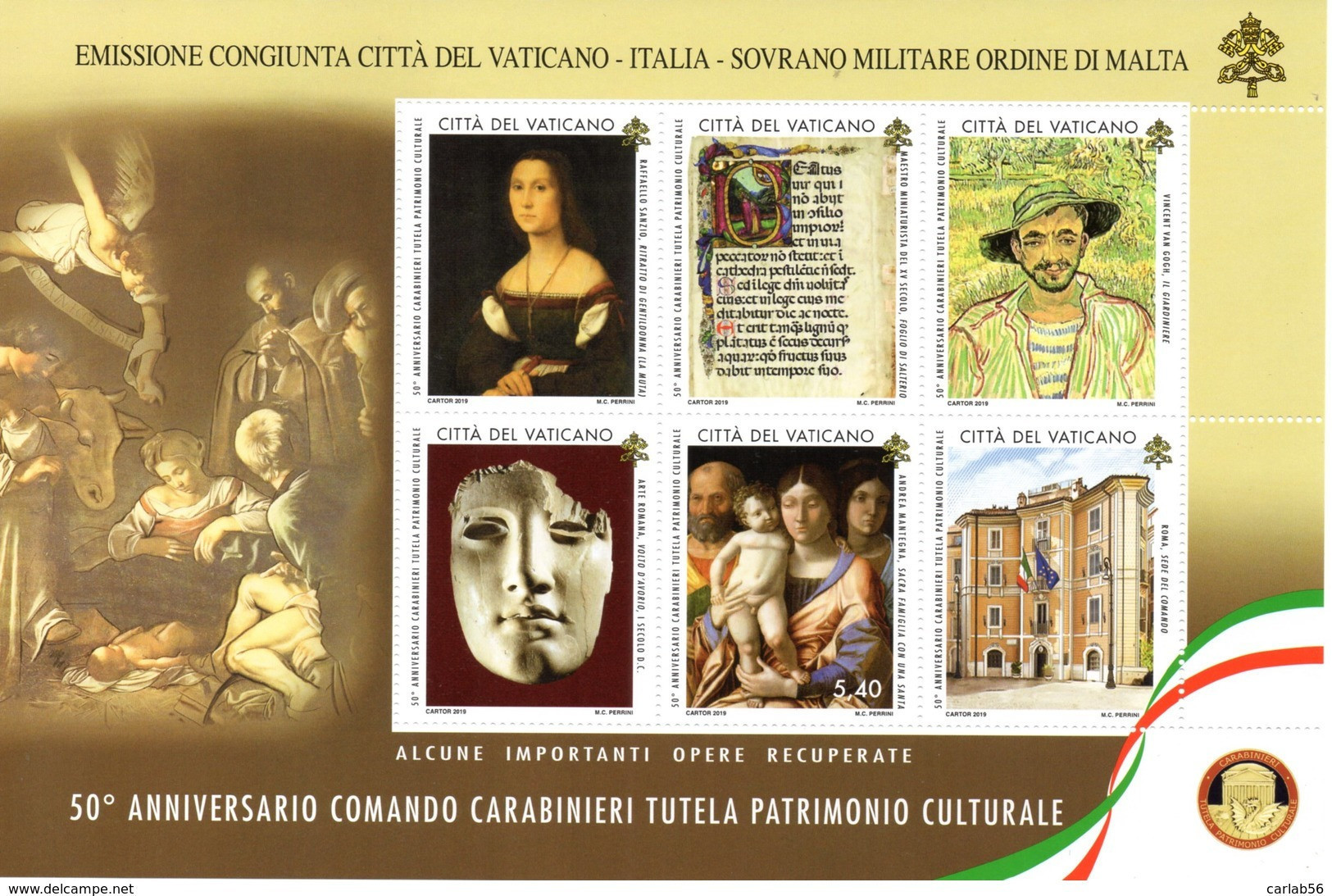 VATICANO 2019 - CONGIUNTA CON ITALIA E SMOM - BF 50° COMANDO CARABINIERI TUTELA PATRIMONIO CULTURAL - Unused Stamps