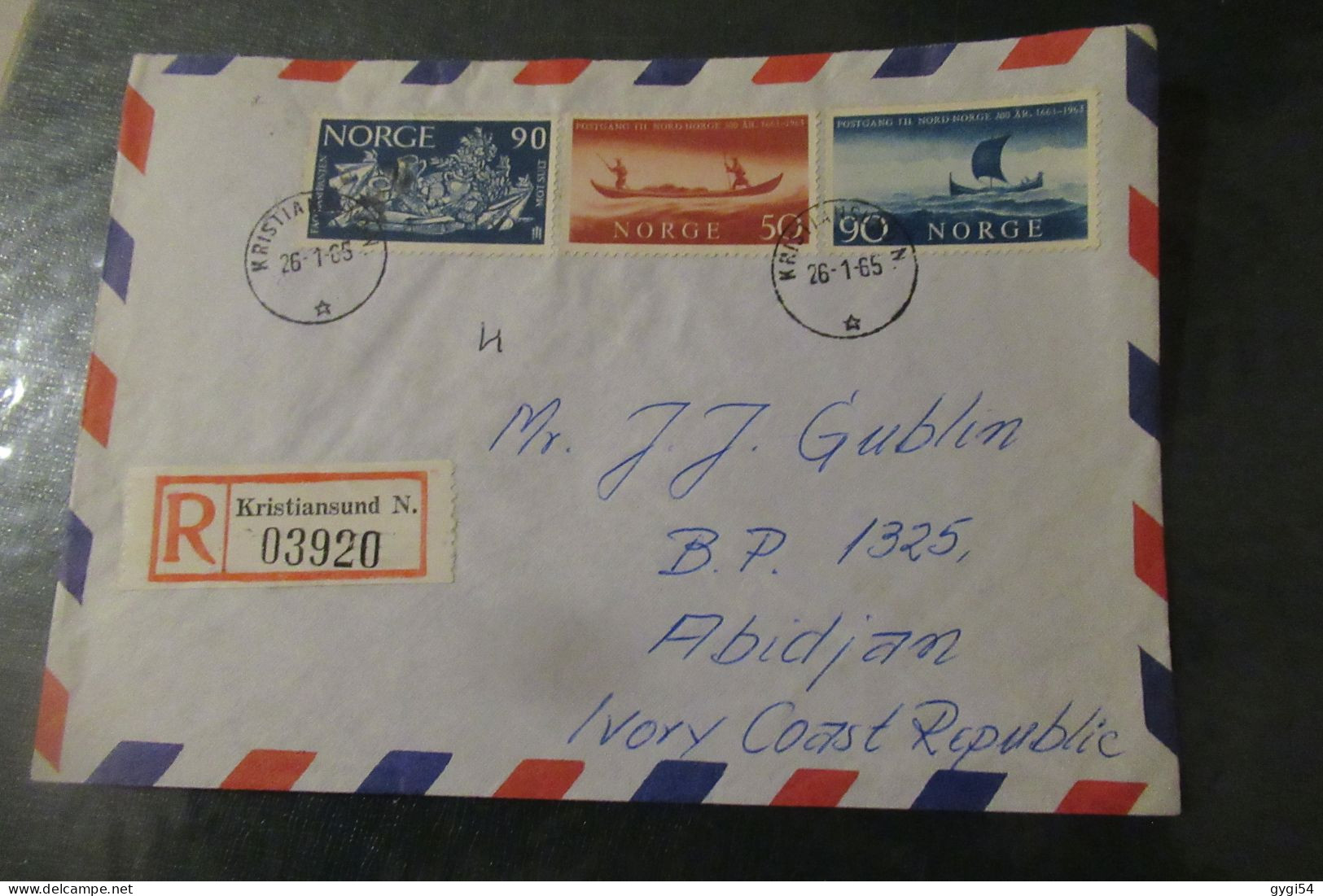 NORV7GE LETTRE RECOMMAND2E DU 26 01 1965 DE KRISTIANSUND Pour Abidjan - Cartas & Documentos