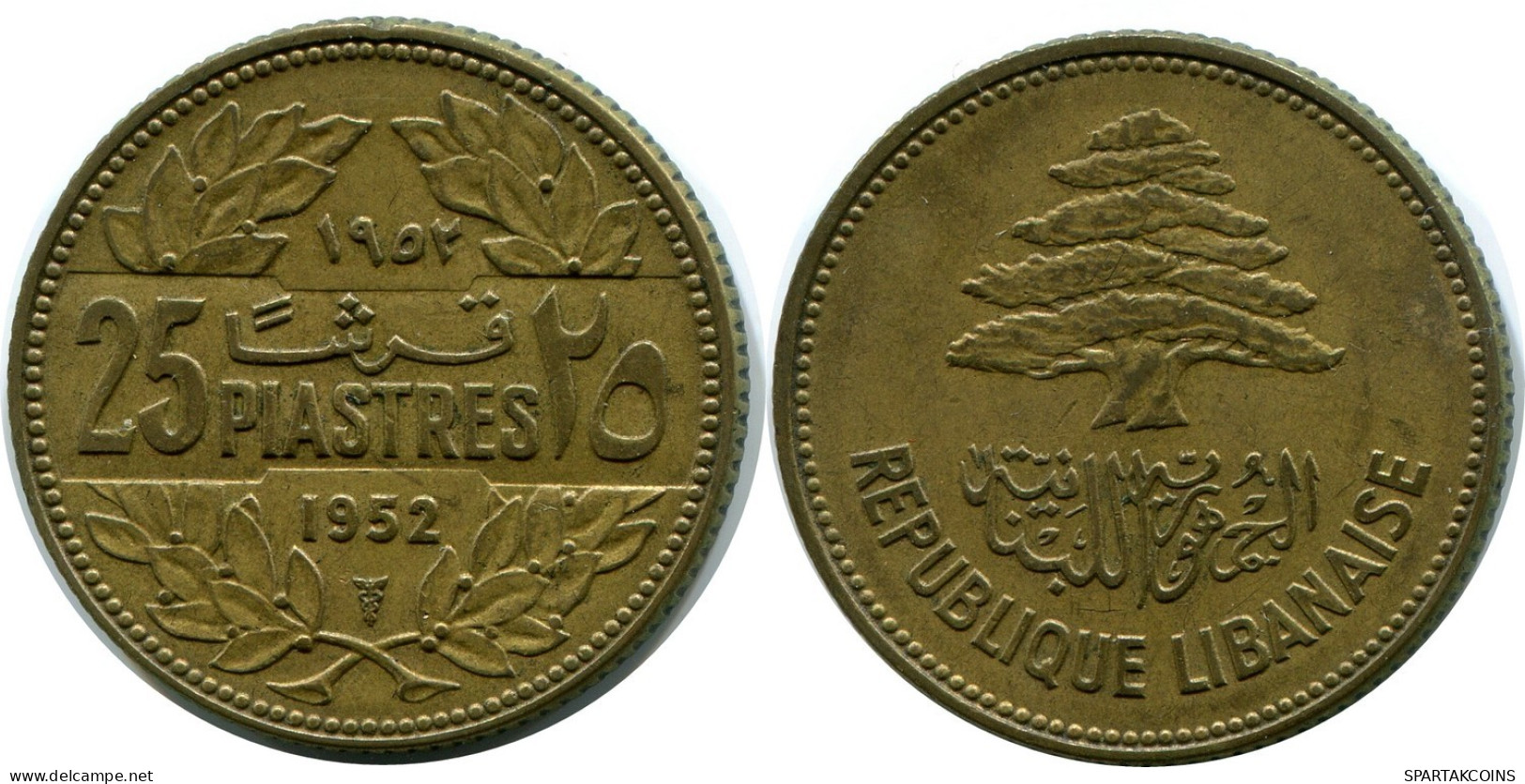 25 PIASTRES 1952 LIRANESA LEBANON Moneda #AP382.E.A - Líbano