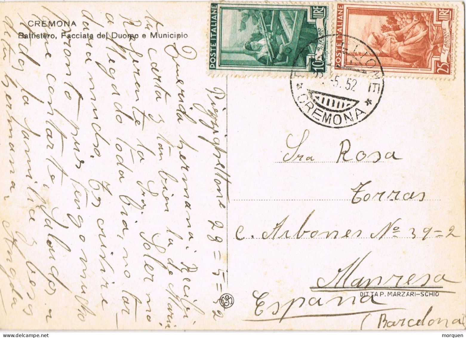 55027. Postal PIZZIGHETTONE (Cremona) Italia 1952, Vista Battostero De Cremona - 1946-60: Marcophilie