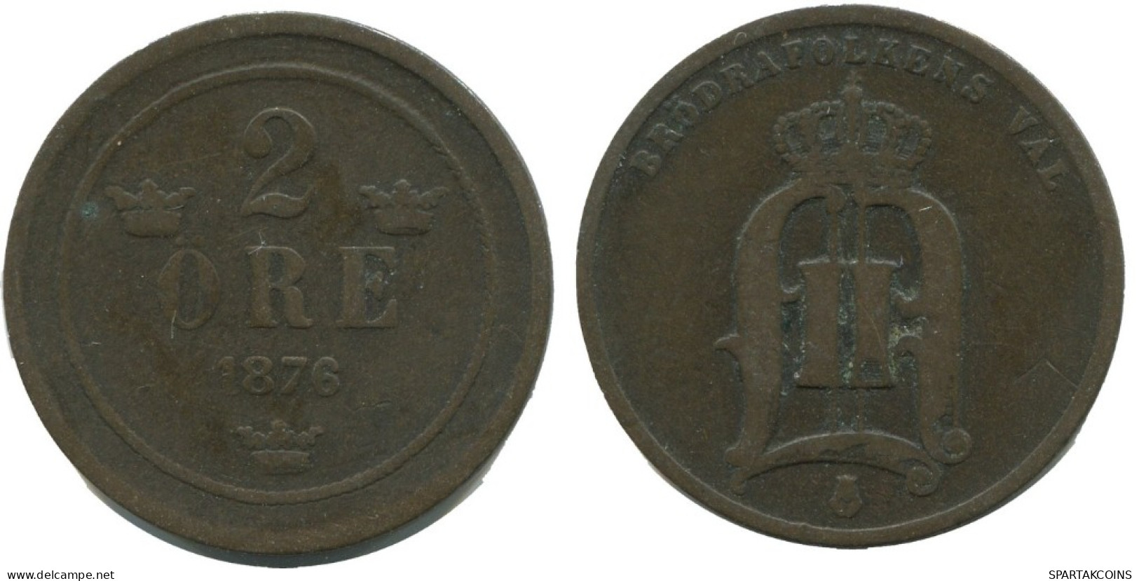 2 ORE 1876 SCHWEDEN SWEDEN Münze #AC858.2.D.A - Zweden