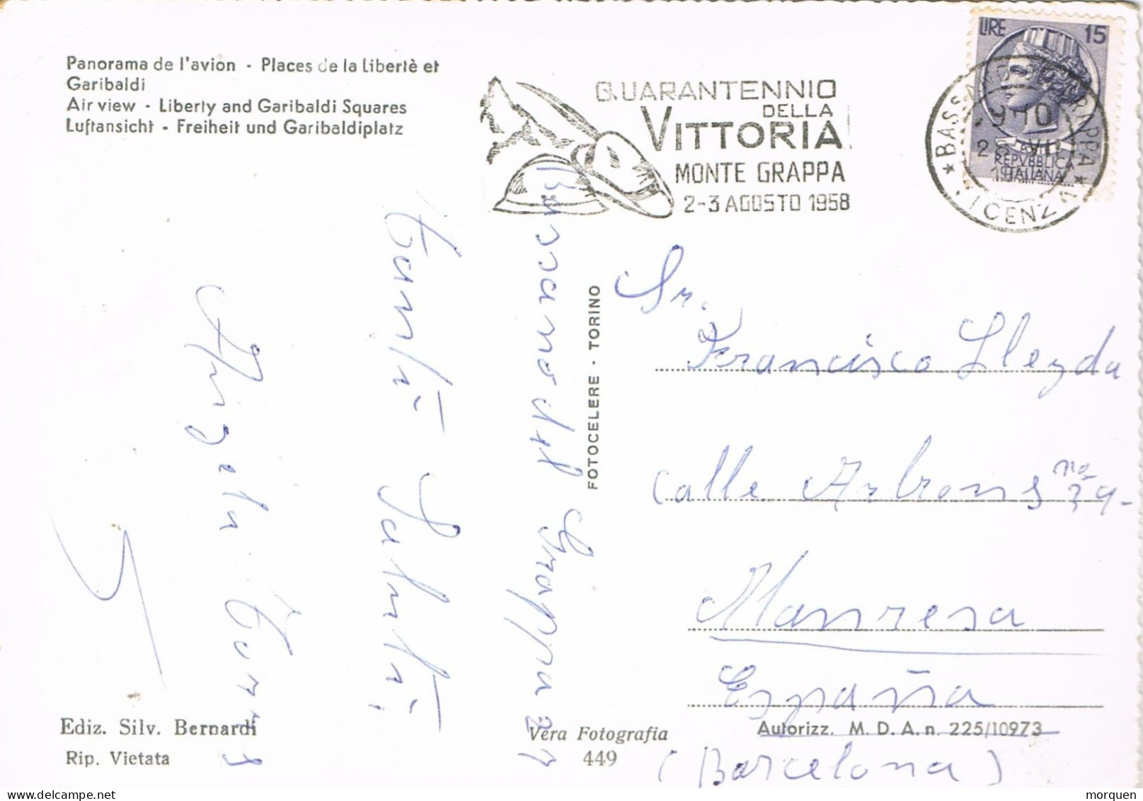 55028. Postal BASSANO De GRAPPA (Vicenza) 1958, Vista Plaza Libertá De GARIBALDI. Vittoria MONTE GRAPPA - 1946-60: Poststempel