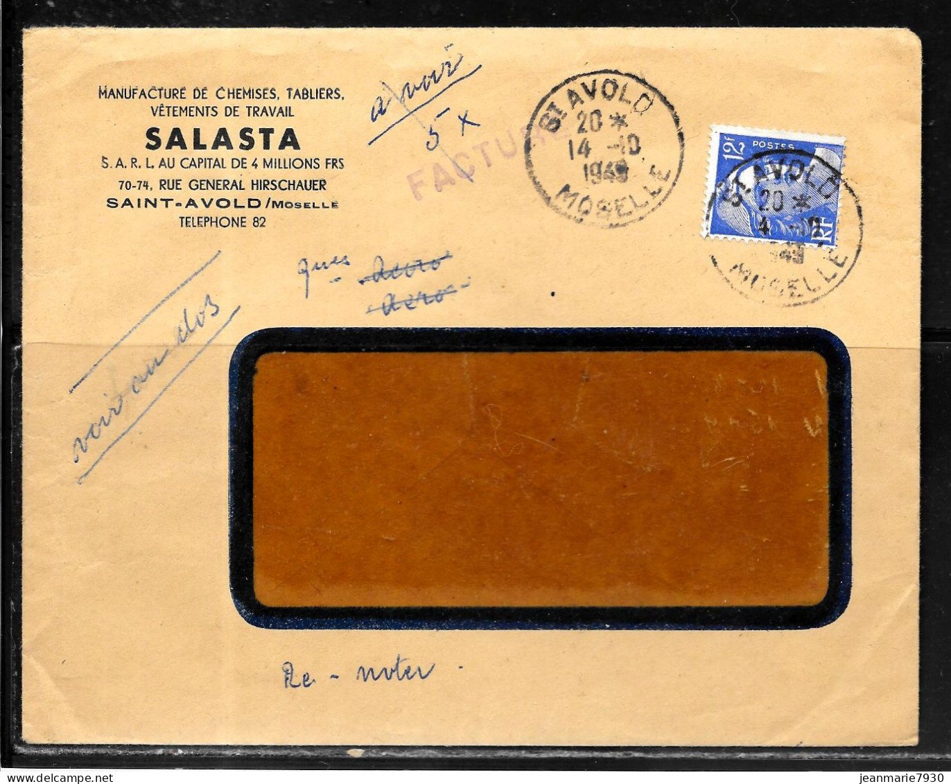 K156 - MARIANNE DE GANDON SUR LETTRE DE SAINT AVOLD DU 14/10/49 - FACTURE SALASTRA - 1921-1960: Moderne