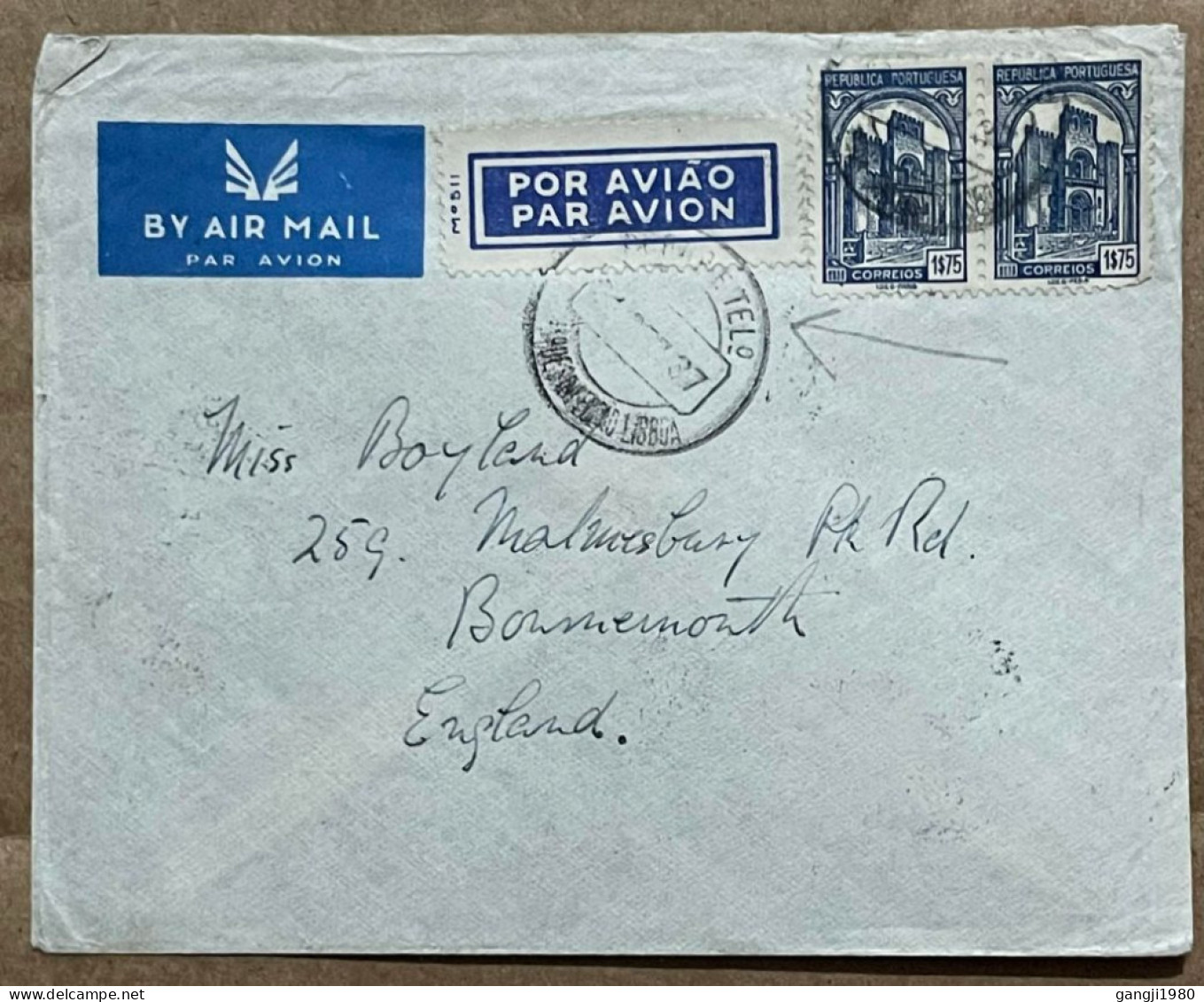 PORTUGAL TO ENGLAND VIA FRANCE COVER USED 1937, LISBOA, PARIS SLOGAN,  GAGNEZ DU TE REPONDE PAR AVION, MANY CANCEL, - Storia Postale