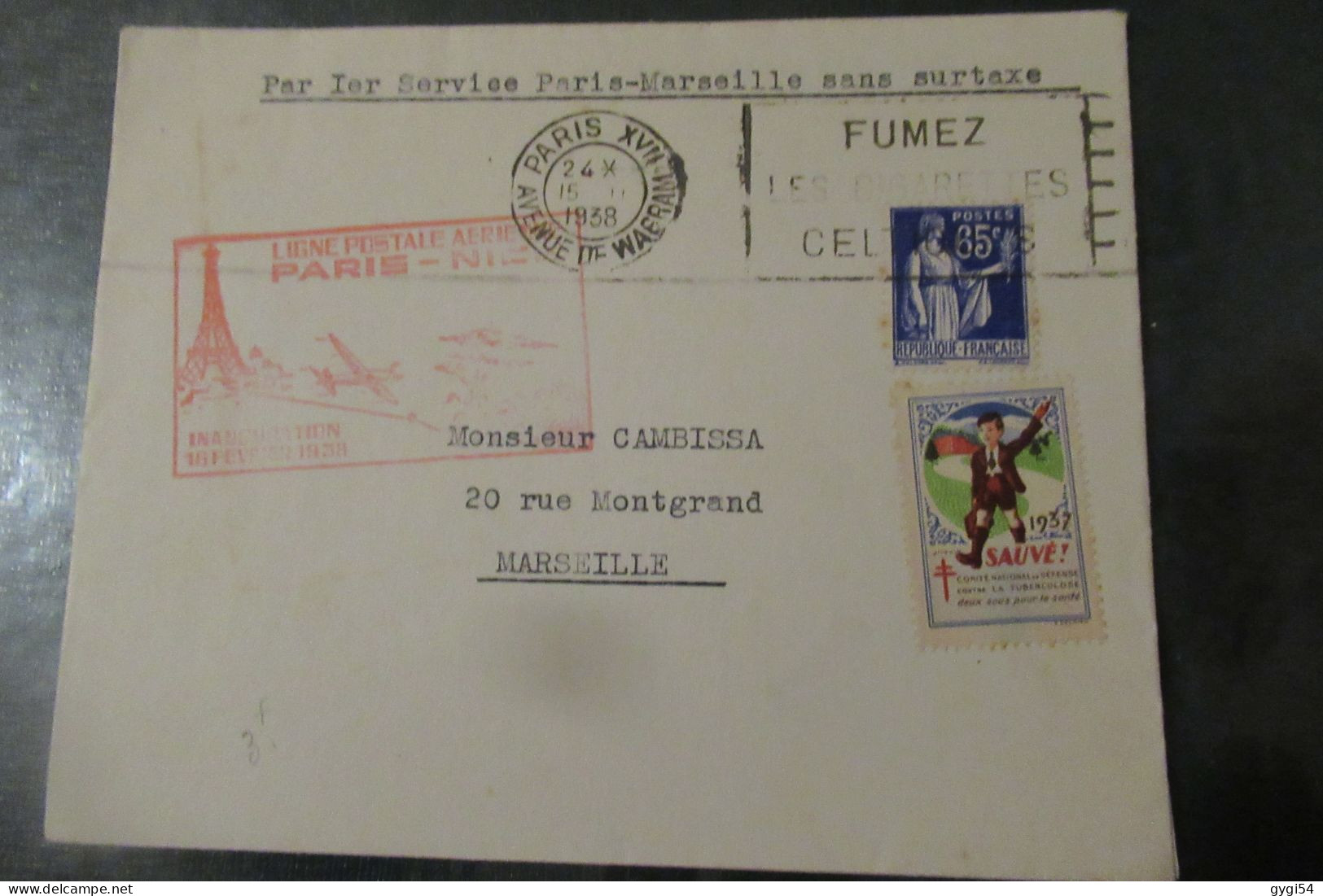 1er Vol PPARIS MARSEILLE Sans Surtaxe 1938 Lettre Avec Vignette - Primeros Vuelos