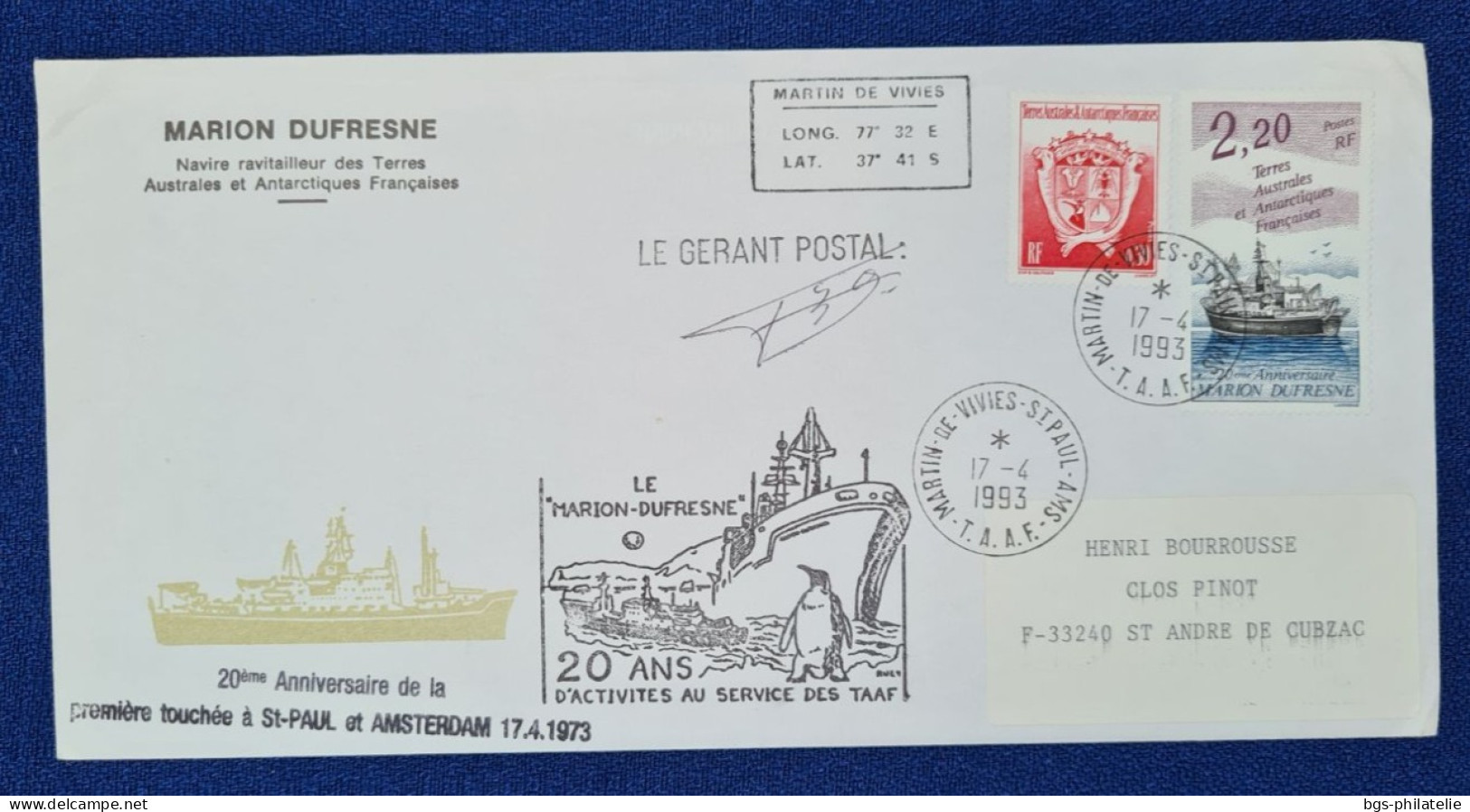 TAAF,  Timbres Numéros 172 Et 174 Oblitérés De St PAUL Le 17/4/1993. - Lettres & Documents