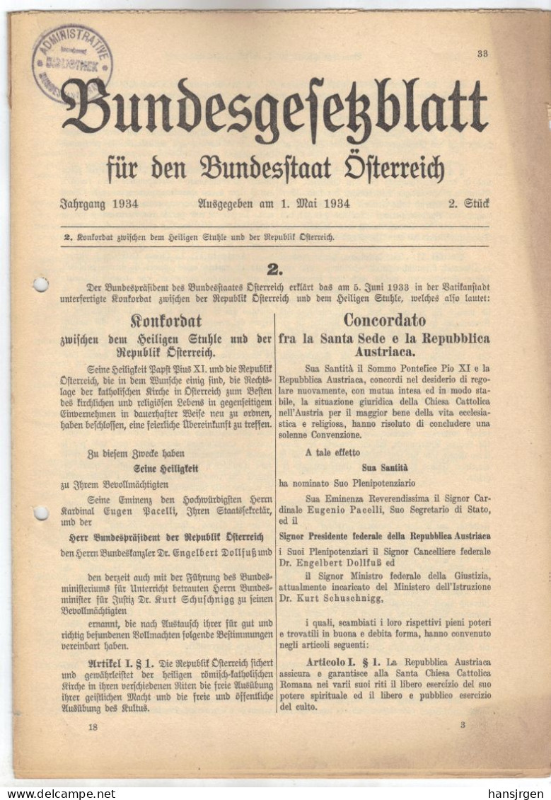 DOK73 ÖSTERREICH 1934 BUNDESGESETZBLATT KONKORDAT HEILIGEN STUHL Und ÖSTERREICH 18 SEITEN SIEHE ABBILDUNG - Documents Historiques