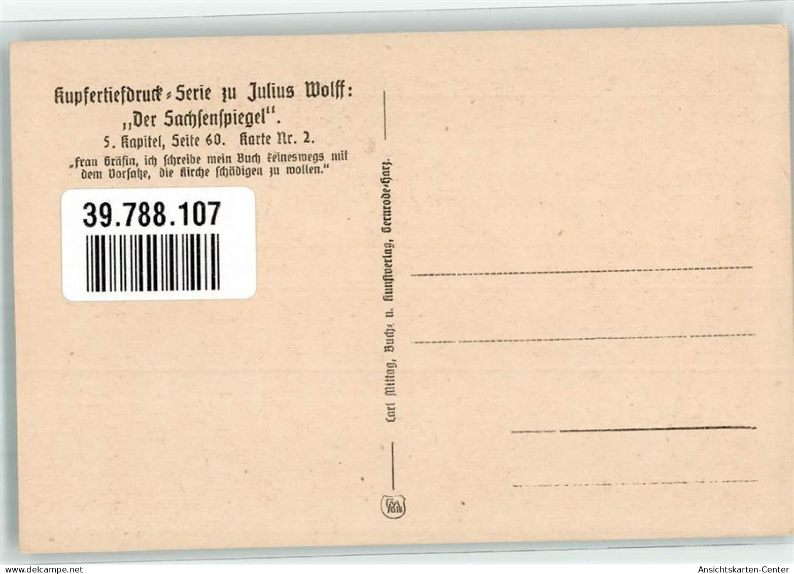 39788107 - Kupfertiefdruck Serie Zu Julius Wolff :  Das Rechtsbuch Der Sachsenspiegel 5. Kapitel Seite 60 Karte  Nr. 2  - Storia