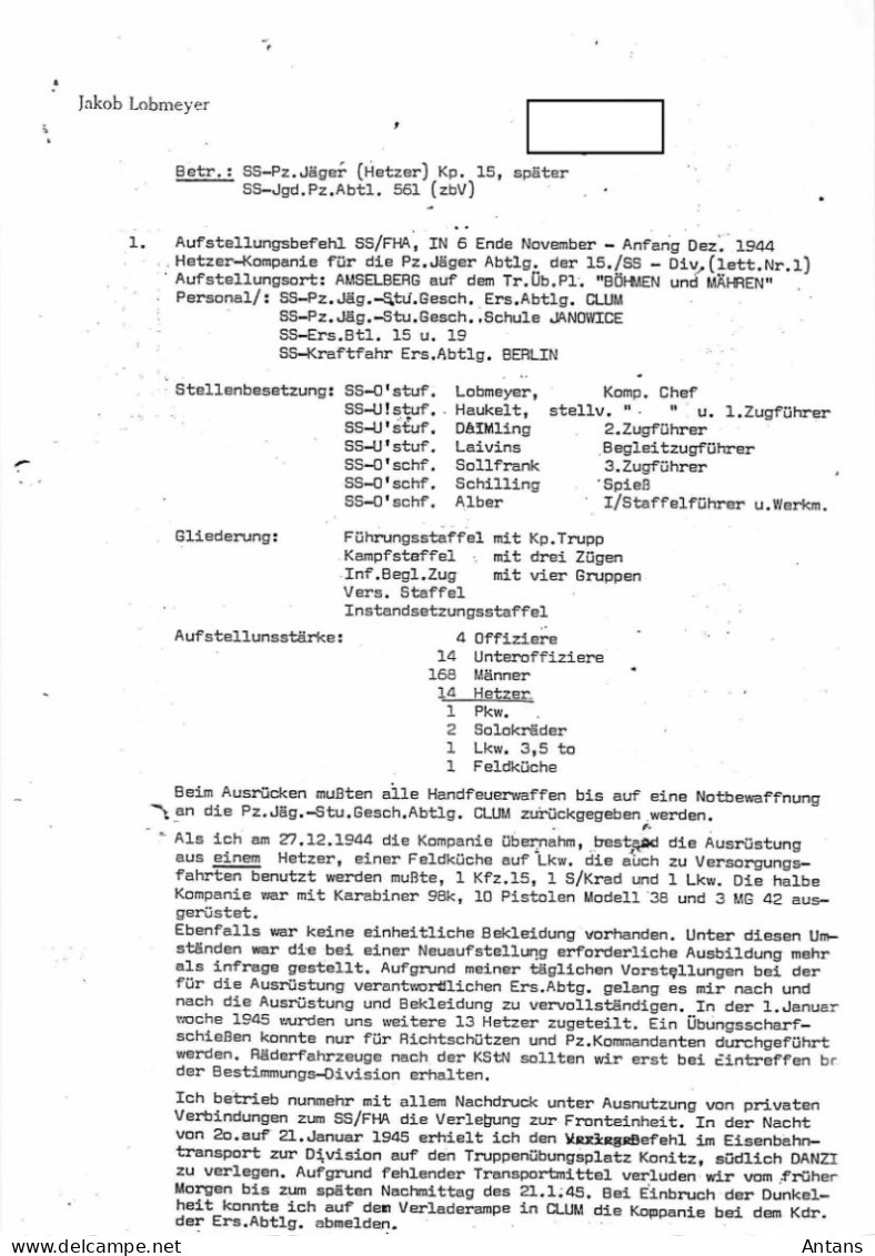 Kampfbericht Hstuf. Lobmeyer Kommandeur Der SS-Jagdpanzer-Abt. 561 - 11.44-5.45 - 1939-45