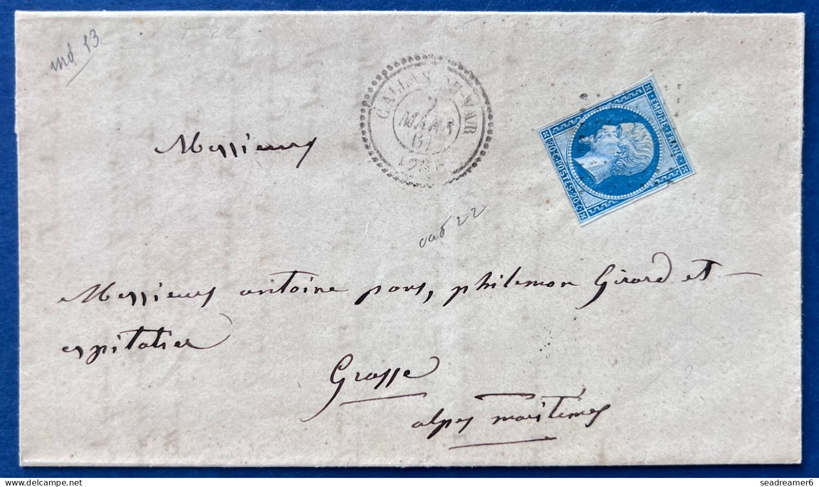 Lettre Napoleon N°14 20c Bleu Oblitéré PC 586 + Dateur T22 Perlé De CALLAS DU VAR Pour GRASSE TTB - 1853-1860 Napoleon III