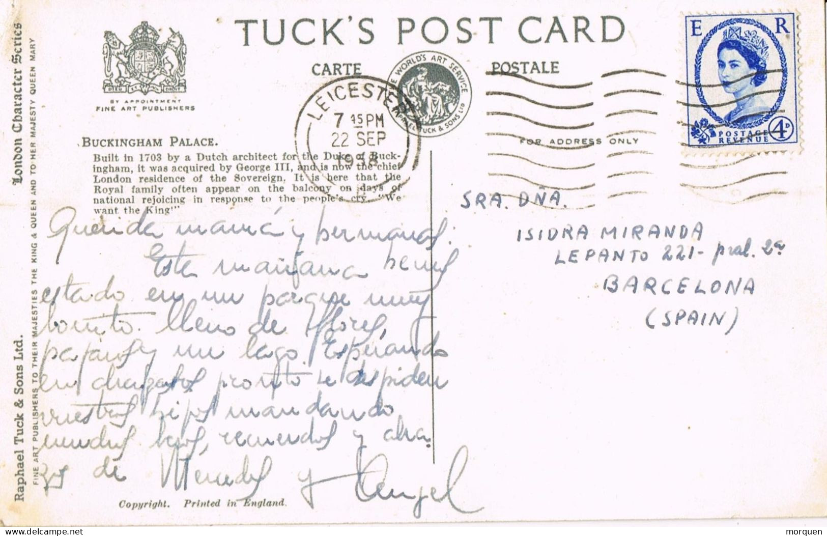 55030. Postal LEICESTER (England) 1958. BUCKINGHAM Palace, Guardia Real - Cartas & Documentos