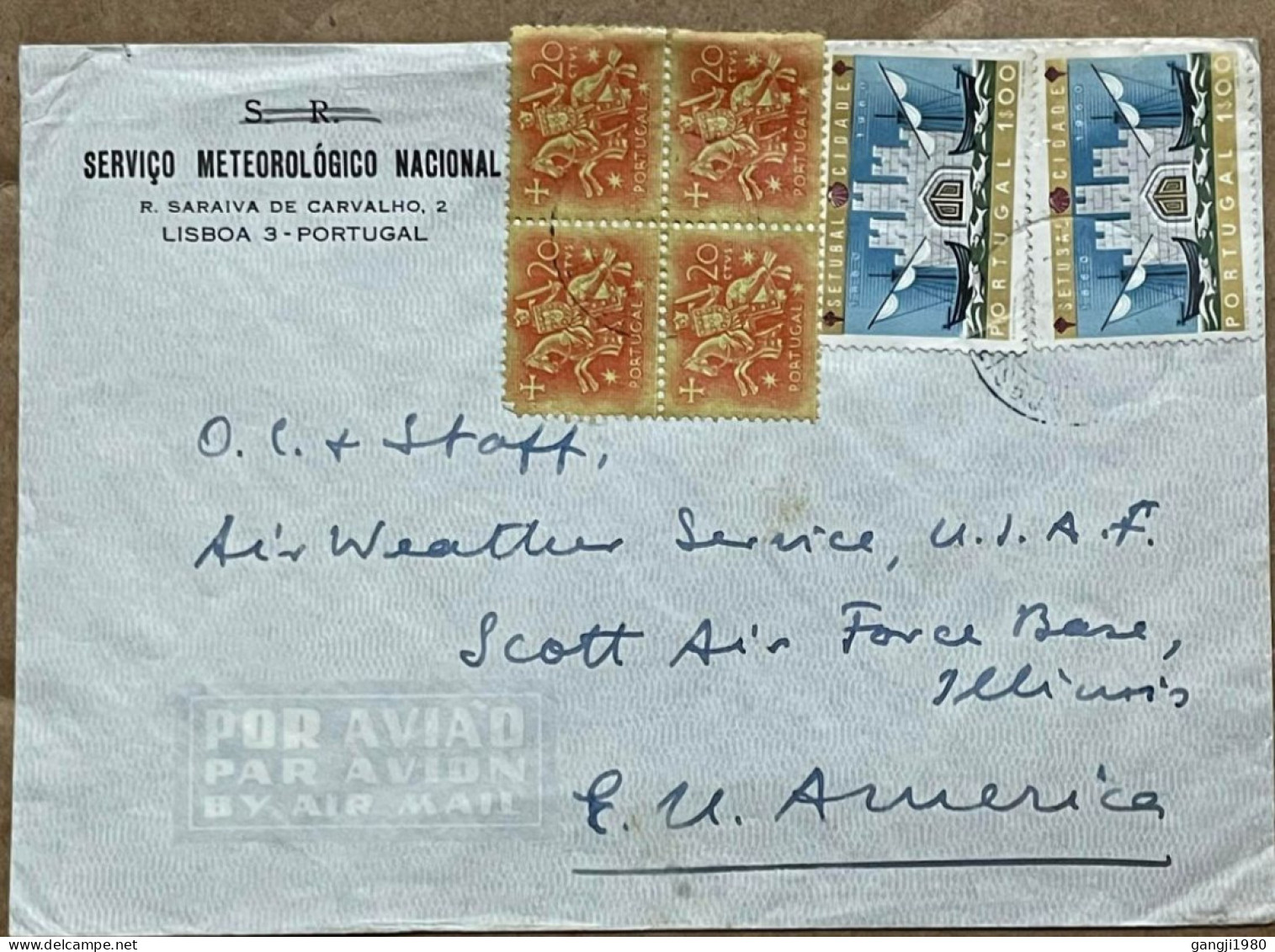 PORTUGAL 1960, COVER USED TO USA, ADVERTISING NATIONAL WEATHER SERVICE, SETUBAL CITY ARM, FORT, BOAT & SEA, HORSE RIDER - Lettres & Documents