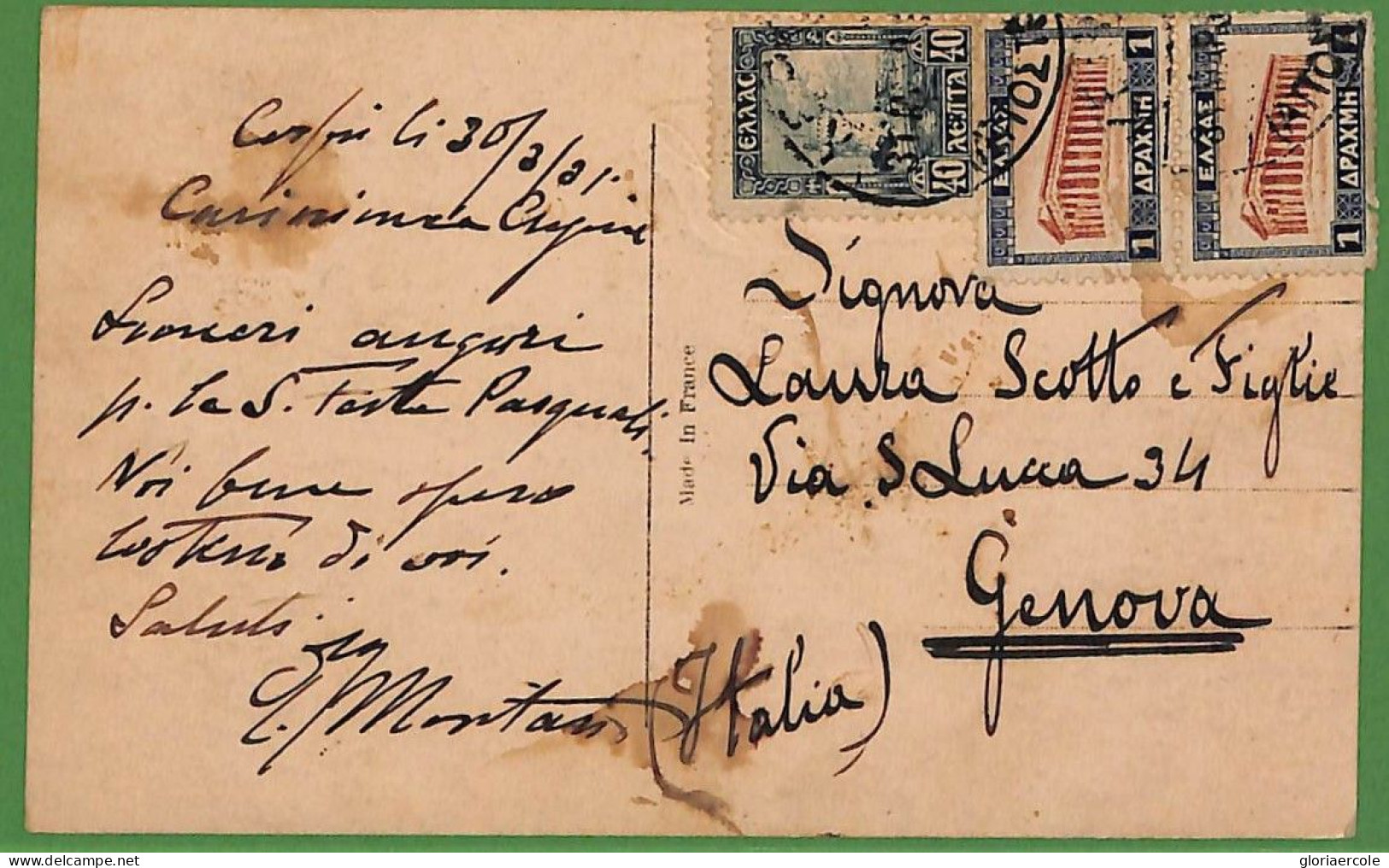 Ad0908 - GREECE - Postal History -  POSTCARD To ITALY 1921 - Briefe U. Dokumente