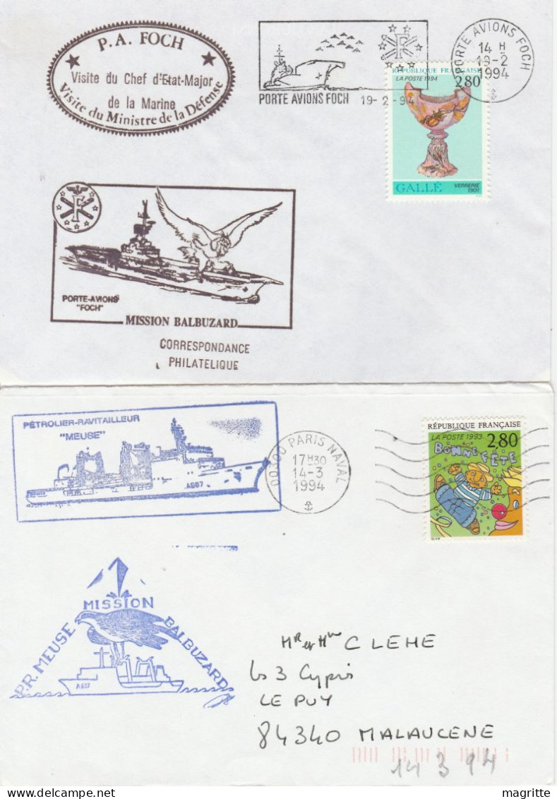 France 6 Enveloppes 1994 Mission Balbuzard Porte Avions Clemenceau Foch Pétrolier Ravitailleur Meuse Frégate Jean Bart - Poste Navale