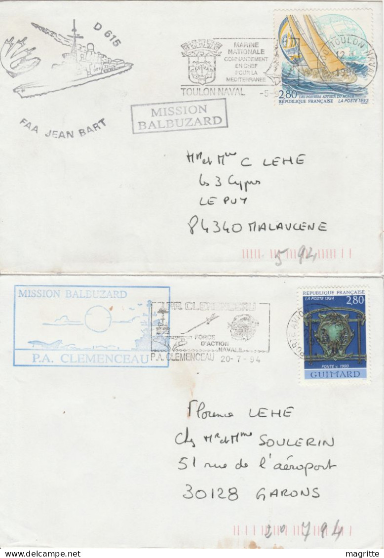 France 6 Enveloppes 1994 Mission Balbuzard Porte Avions Clemenceau Foch Pétrolier Ravitailleur Meuse Frégate Jean Bart - Seepost