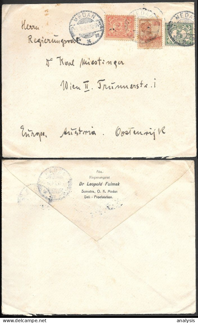 Netherlands Indies Medan Cover Mailed To Austria 1924. 20c Rate. Indonesia - Netherlands Indies