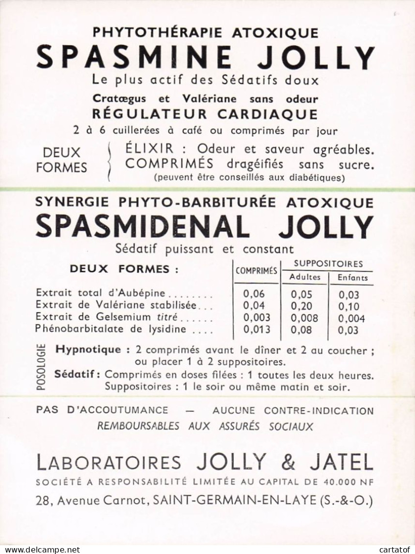 SPASMINE JOLLY . Agoisses . Sédatif Nerveux .LABORATOIRES JOLLY & JATEL SAINT GERMAIN EN LAYE - Advertising