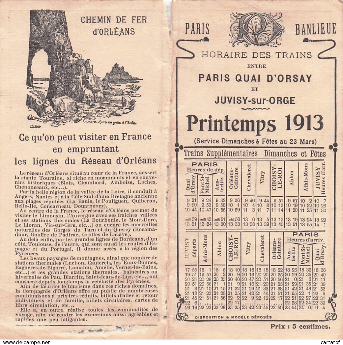 Horaire Des Trains PARIS QUAI D'ORSAY Et JUVISY Sur ORGE . Printemps 1913 . PARIS BANLIEUE . Chemin De Fer D'ORLEANS - Europe