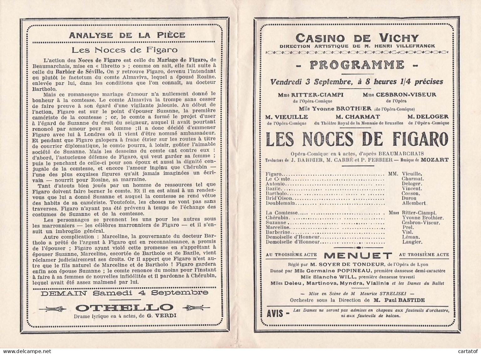 Casino De VICHY Saison 1926 . Les Noces De Figaro - Programma's