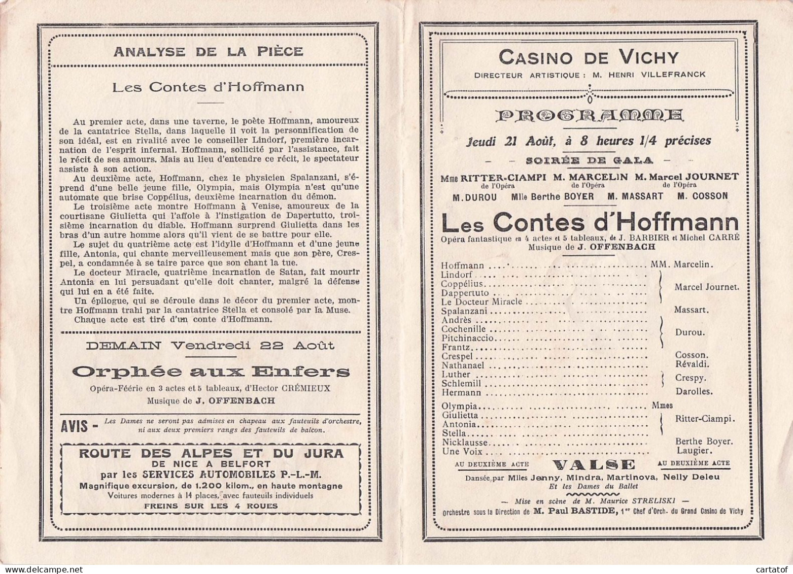 Casino De VICHY Saison 1924 . Les Contes D'Hoffmann .  - Programmes