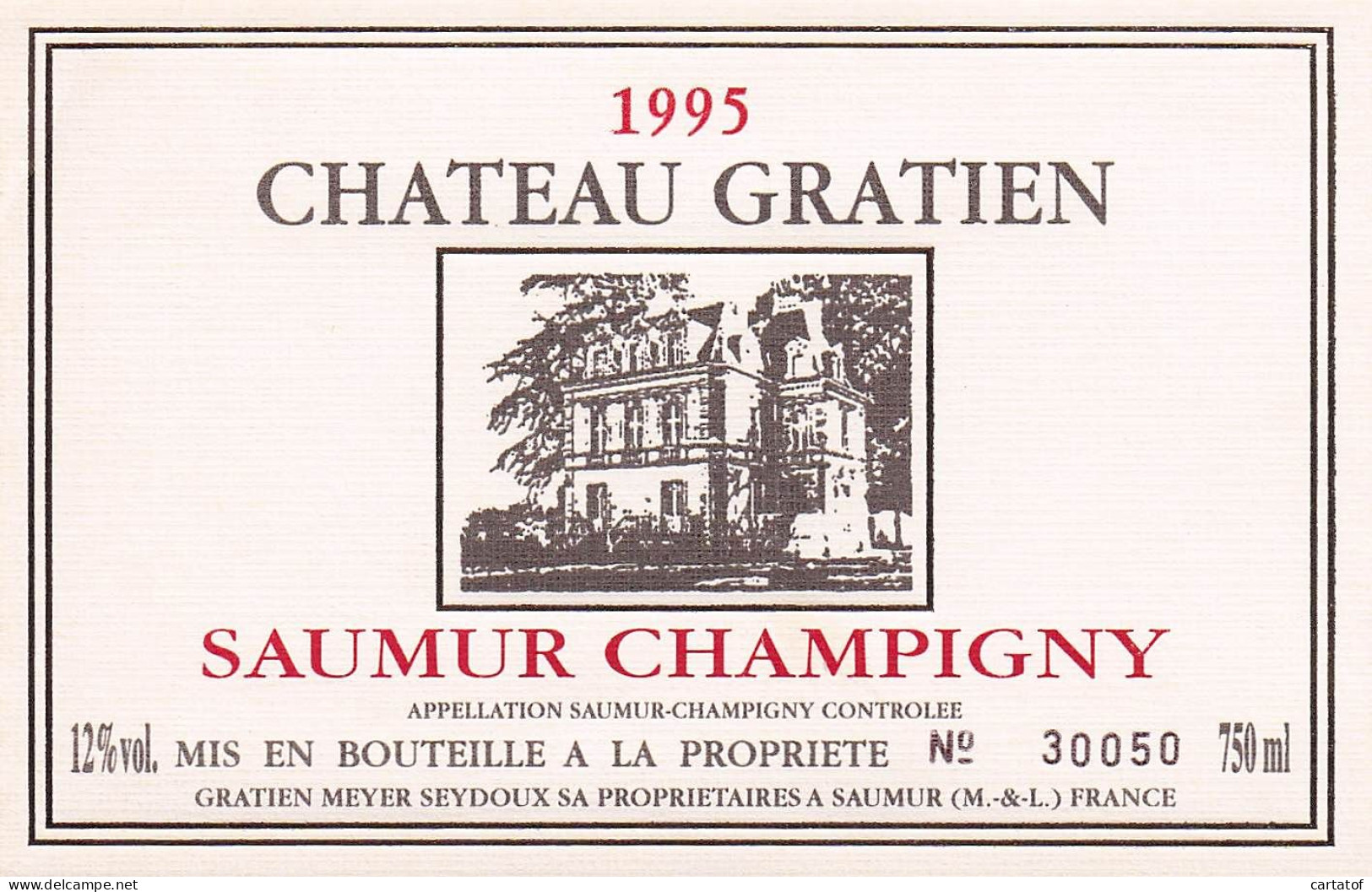 Etiquette CHÂTEAU GRATIEN . SAUMUR CHAMPIGNY 1995 . Gratien Meyer Seydoux - Other & Unclassified