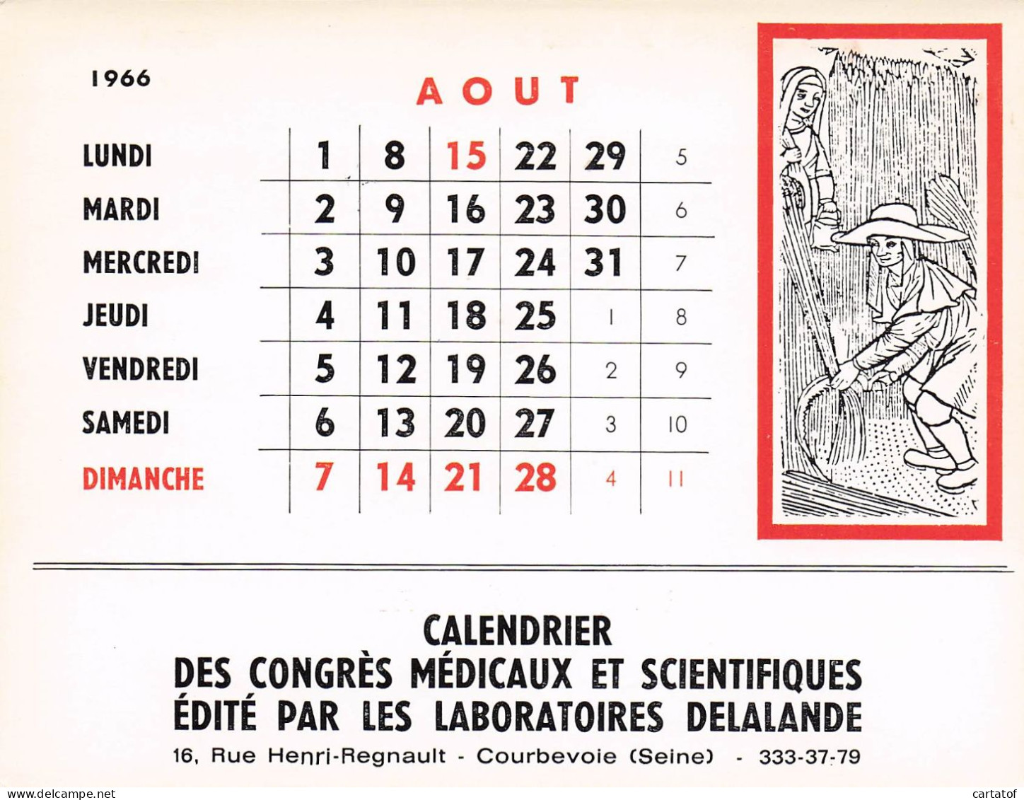 Calendrier des Congrès Médicaux et Scientifiques 1966. LABORATOIRES DELALANDE à COURBEVOIE .