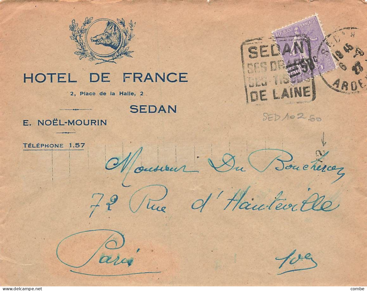 FRANCE SEUL SUR LETTRE. N° 223. SEMEUSE. HOTEL DE FRANCE SEDAN - 1921-1960: Période Moderne