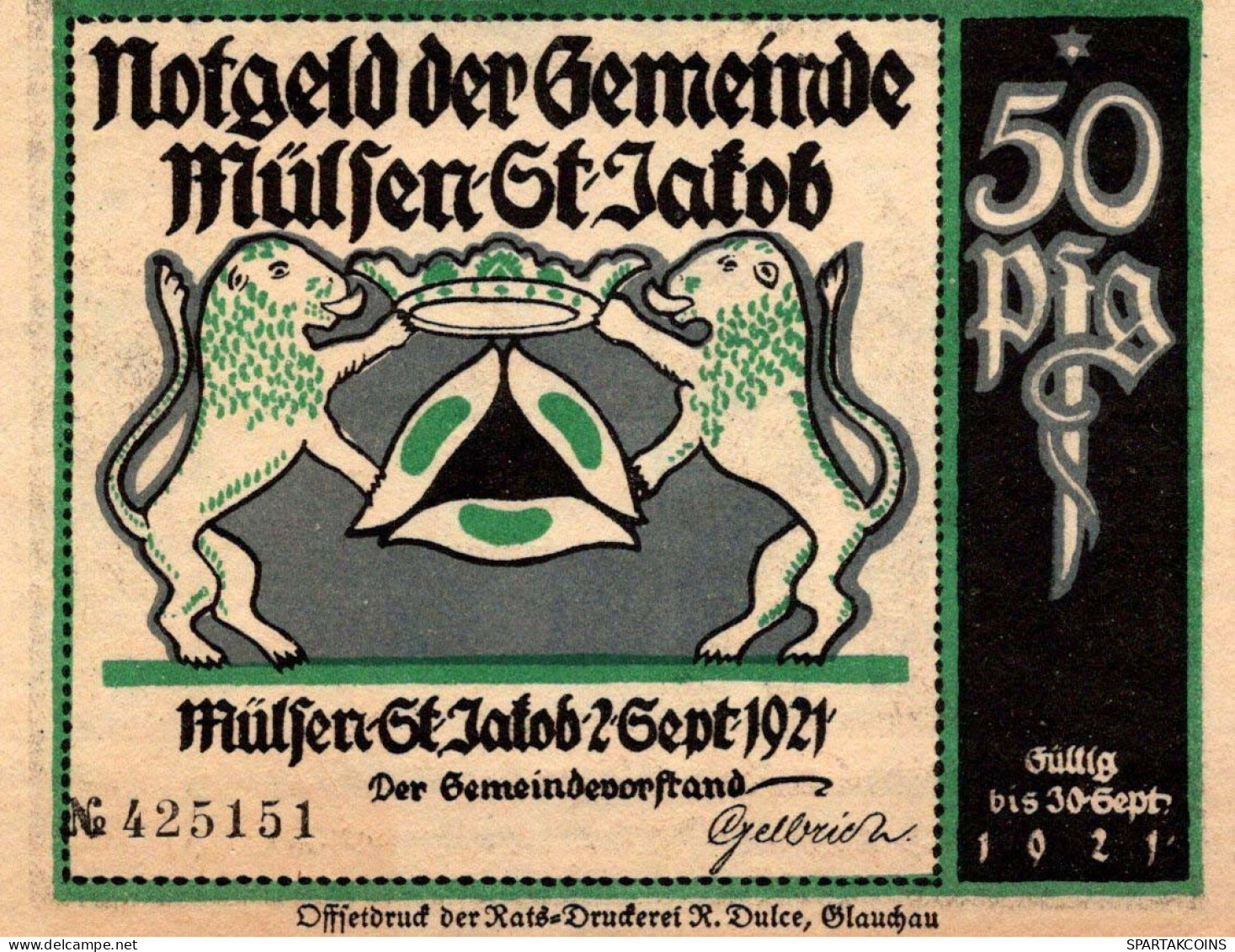 50 PFENNIG 1921 Stadt MÜLSEN-SANKT JAKOB Saxony DEUTSCHLAND Notgeld #PF607 - [11] Emissions Locales