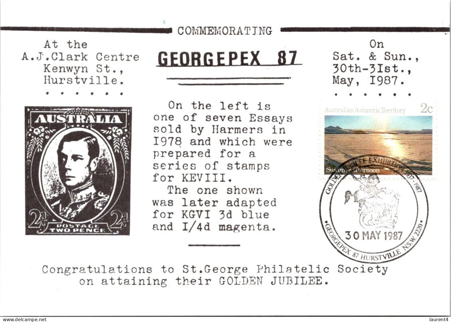 7-5-2024 (4 Z 30) Australia -  Georgepex Stamp Expo - 1987 (back Is Totally Blank) - Poste & Postini