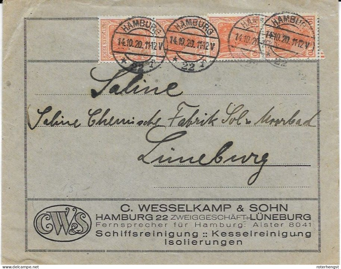 Hamburg 14.10.1920 Two Pairs Michel 141 On Ship Cleaning Company Letter - Lettres & Documents